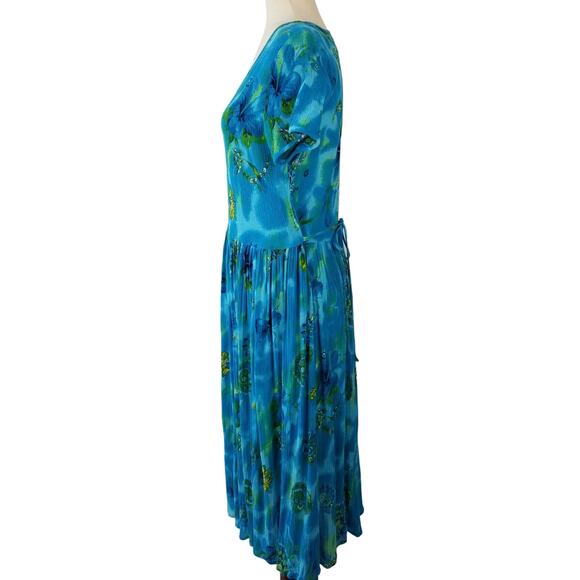 Bila Blue Green Yellow Floral Maxi Short Sleeve Dress Boho Pleated Skirt Size M - Picture 2 of 4